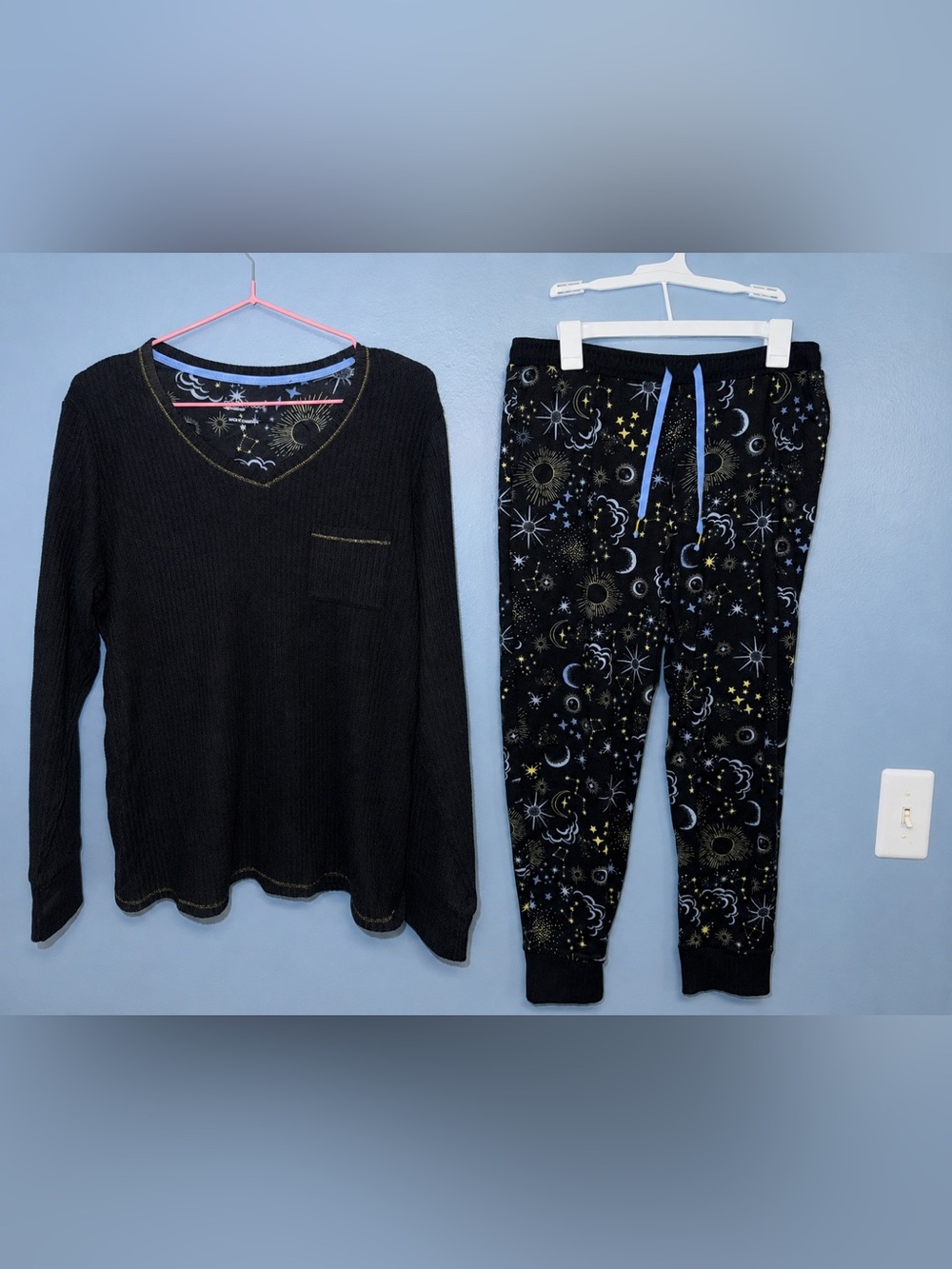 Comfort Code Black Celestial Print Pajama Set with Blue Drawstring